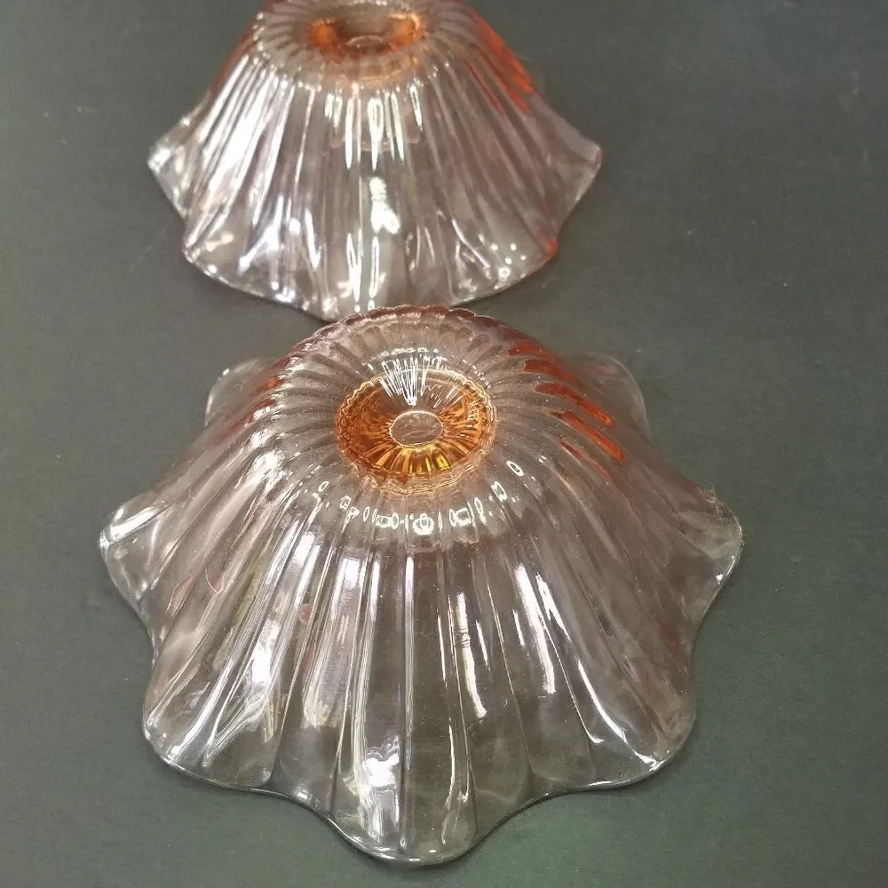 Vintage Anchor Hocking Large Pink Glass Ruffled Bowl & Matching Candle Holders